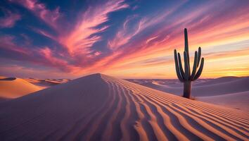 Desert Sand Dunes with Cactus at Sunset Under Colorful Sky photo