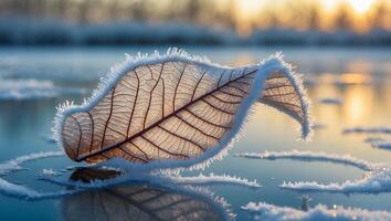 Frosted Leaf on Frozen Water During Winter Sunset Reflection photo