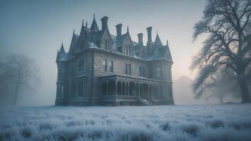 Stone Mansion Exterior on Frosty Field in Winter with Mist photo