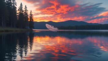 Floating Feather Above Lake Reflecting Colorful Sunset with Forest Backdrop photo
