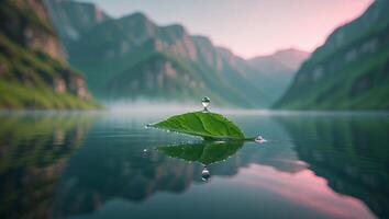 Leaf Floating on Calm Lake Water with Mountain Reflection at Sunset photo