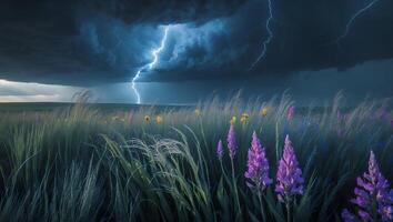 Striking Lightning Storm Over Flower Field with Dramatic Dark Clouds photo