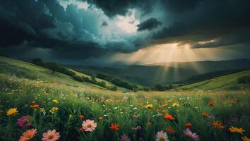 Rolling Green Hills with Meadow of Flowers and Dramatic Sky photo