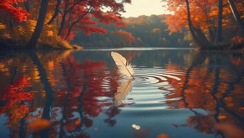 Feather Floating on Calm Lake with Autumn Trees Reflection Scenery photo