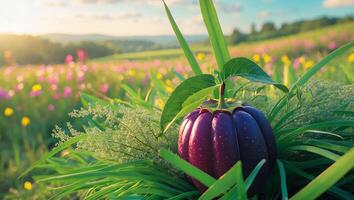 Purple Vegetable in Grassy Field with Wildflowers and Sunny Sky photo