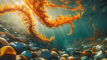 Underwater Seaweed Forest with Sun Rays and Pebbles on Seabed photo