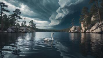 Swan Swimming on Lake with Dramatic Storm Clouds Overhead photo
