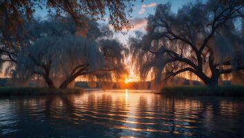 Willow Trees Reflecting Sunset Over Calm Lake Waterscape Scene photo