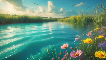 Scenic River Flowing Through a Lush Meadow with Wildflowers photo