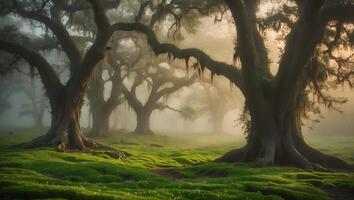 Walking Through Mystical Mossy Oak Tree Forest in Morning Fog photo