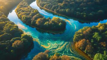 Aerial View of Curving River Through Forest with Water Pattern photo