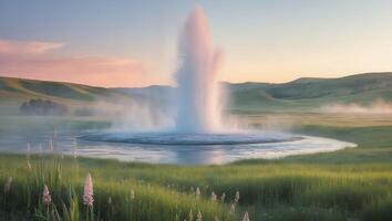 Geyser Eruption in Verdant Landscape at Dawn photo