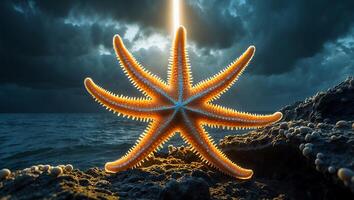 Starfish on Rocky Shore Under Dramatic Sky photo