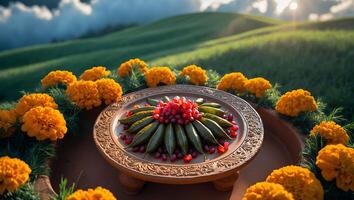 Decorative Arrangement with Fruit on a Carved Platter photo