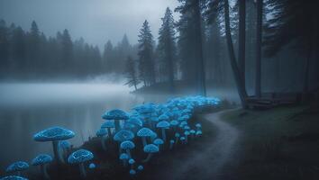 Glowing Mushroom Along Lake Forest Path photo