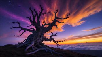 Old Tree Silhouette Against Vibrant Sunset Landscape photo