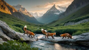 Foxes Crossing a River in a Mountain Valley photo