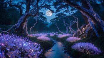 Magical Moonlit Forest with Glowing Bushes and Stream photo