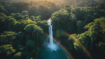Waterfall and Rainbow in Lush Green Forest Landscape photo