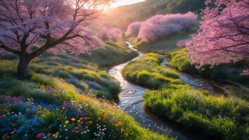 Scenic River Flowing Through Cherry Blossom Meadow photo