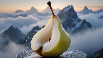 Sliced Pear with Mountains Background photo