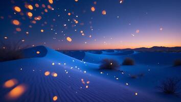 Sand Dune Landscape with Glowing Particles at Dusk photo
