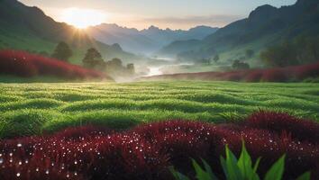 Mountain Valley at Sunrise with Red and Green Grass photo