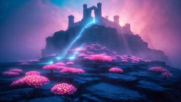 Fantasy Castle with Pink Mushroom Landscape photo
