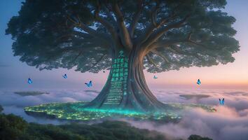 Giant Tree with Glowing Base Above the Clouds photo