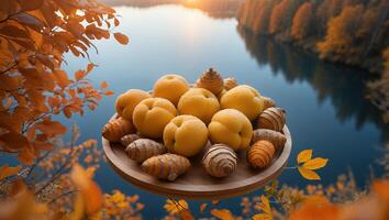 Apricots and Cones on Plate with Autumn Trees and Lake photo