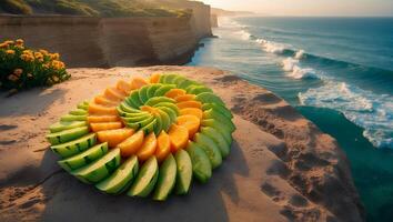 Fruit Arrangement on a Cliff Overlooking the Ocean photo