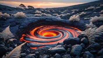 Glowing Swirl in Dark Rocky Landscape at Sunset photo