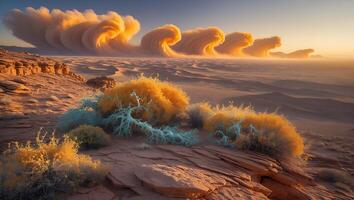 Desert Landscape with Clouds and Shrubs photo