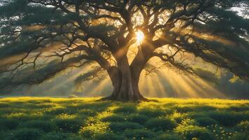 Majestic Tree with Sunlight Through Branches in Meadow photo