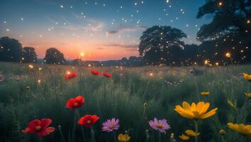 Flower Field at Sunset with Glowing Lights photo