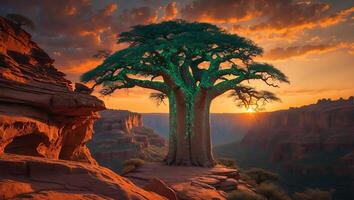 Baobab Tree on Cliff Against Sunset photo
