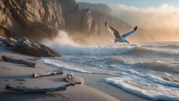 Seagull Flying Over Ocean Wave Near Sandy Beach photo