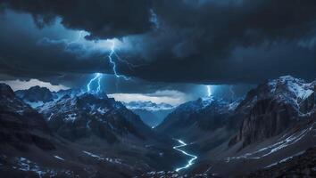 Lightning Striking Snow Capped Mountains in a Storm photo
