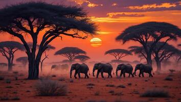 Elephant Migration at Sunset in Africa photo
