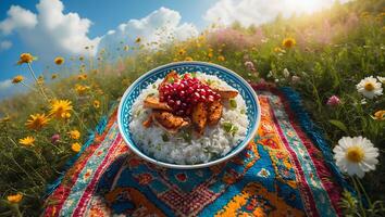 Rice Bowl with Chicken and Pomegranate in Flower Field photo