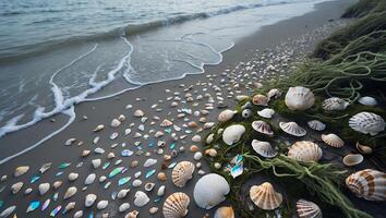 A beach with shells and seaweed on it photo