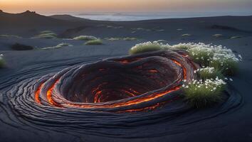 Lava Flow on Black Sand with White Flowers Landscape photo
