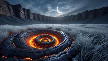 Fiery Vortex in Grassy Plain Under Crescent Moon photo
