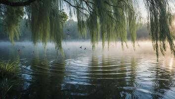 Willow Tree Reflections on Misty Lake with Birds photo