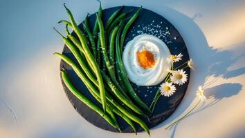 Green Bean with Dip and Daisy on Plate photo