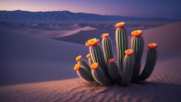 A cactus plant in the desert with sand dunes in the background photo