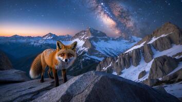 Fox on Rock Under Milky Way at Night photo