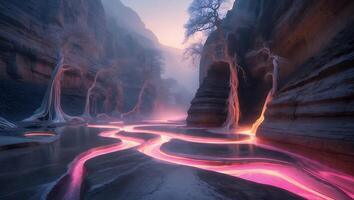 Glowing River in Canyon Landscape at Sunset photo