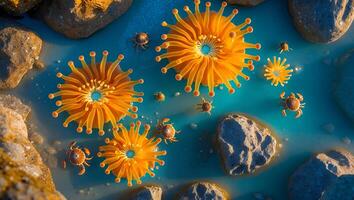 Orange Anemone with Crabs on Blue Water and Rocks photo