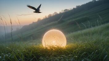 Bird Soars Near Glowing Orb in Grassy Field at Sunset photo